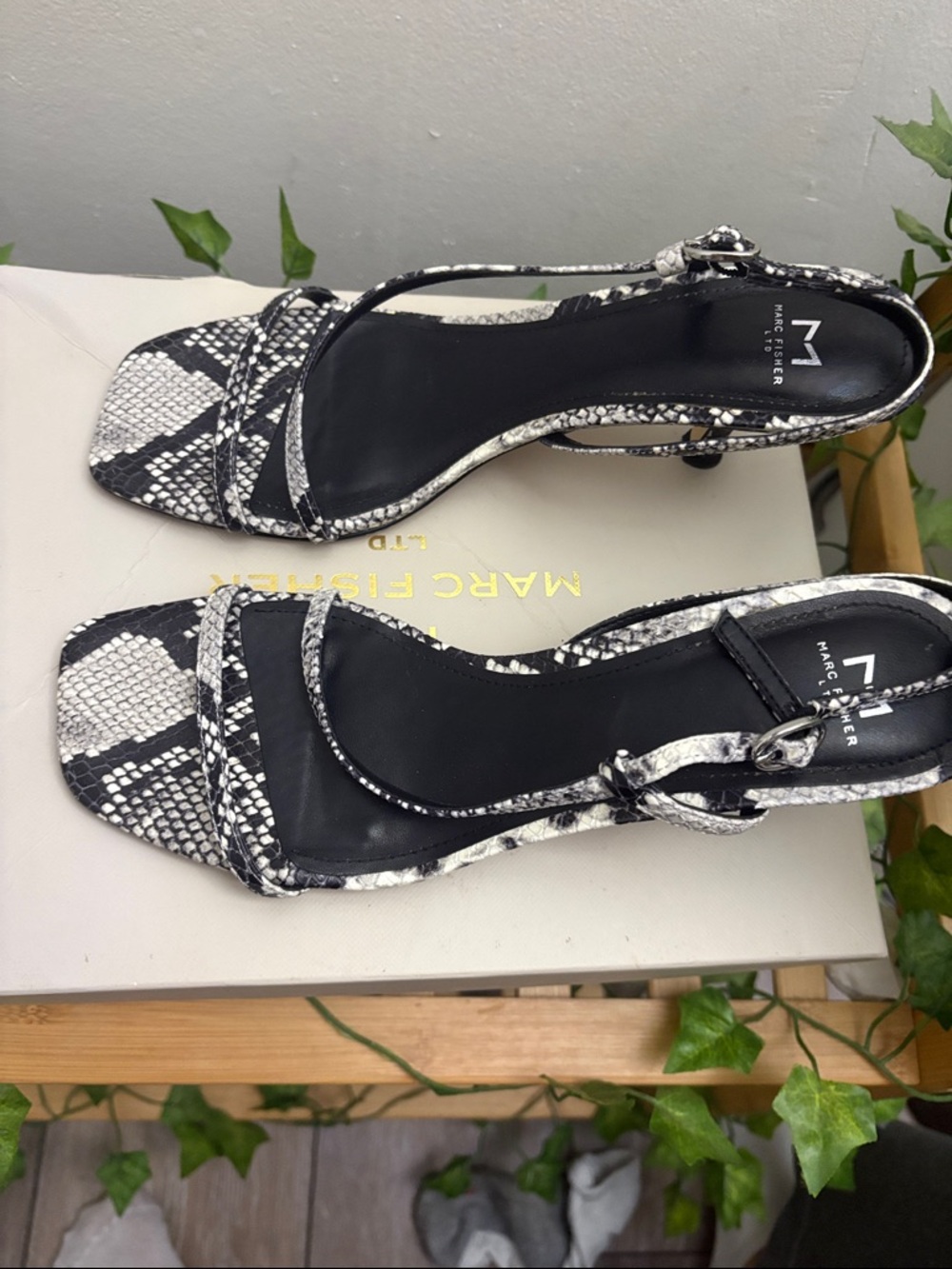 Marc Fisher Black & White Snake-Print Strappy Sandal Heel